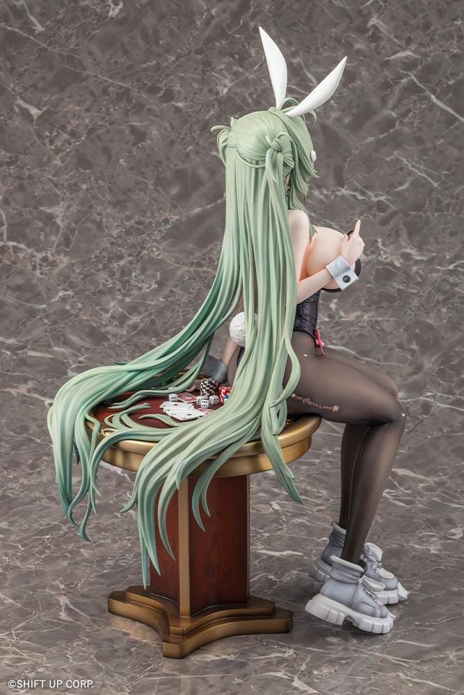 Soda Twinkling Bunny 1/4 scale figure seated in a black bunny outfit with sheer tights, mint-green twin tails, and tall bunny ears.