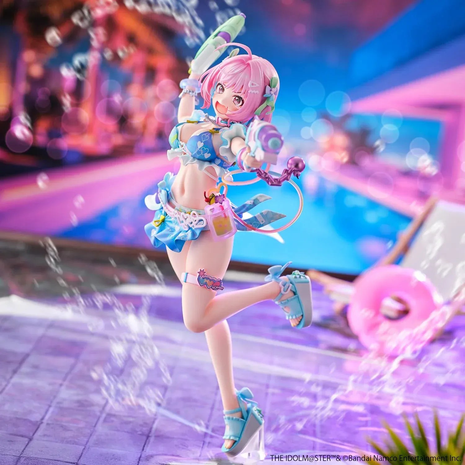 Riamu Yumemi 1/6 scale figure from The Idolmaster Cinderella Girls in pastel blue idol outfit holding water gun accessory on clear display base
