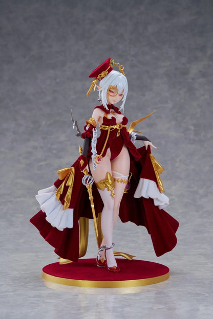 Alchemist Formal Dress Ver. 1/7 Scale Figure featuring a white-haired character in a red formal dress with gold accessories, ornate staff, cape, and red display base.