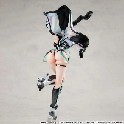 Lucrea Gabriel figure with golden hair, red eyes, black and white futuristic armor, turquoise accents, and a flowing iridescent-lined jacket.