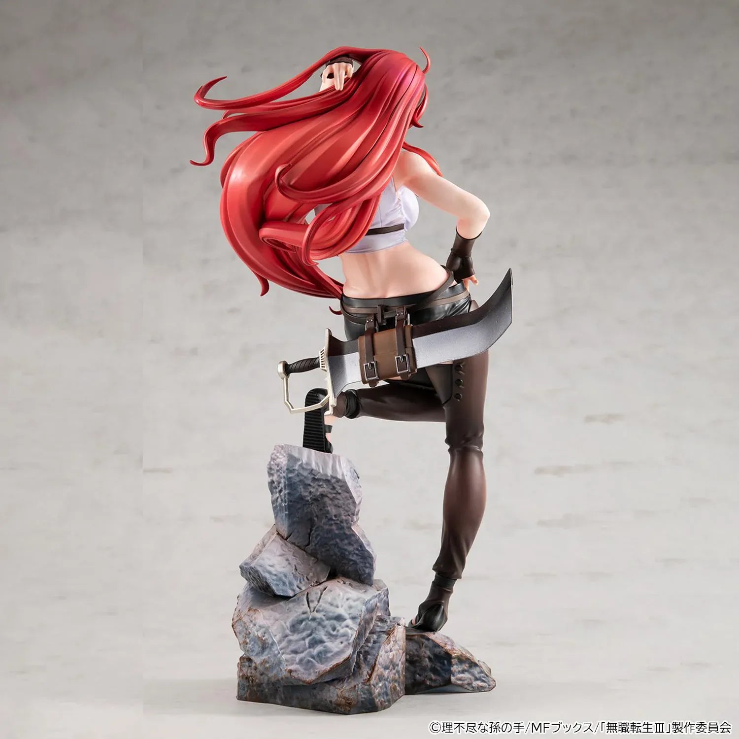 Mushoku Tensei Lucrea Eris Boreas Greyrat Figure with flowing red hair, black and white outfit, and detailed rocky display base