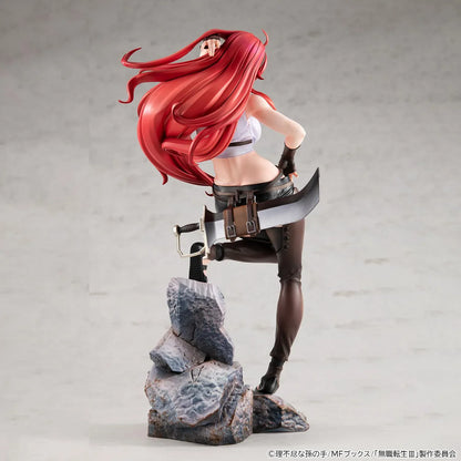 Mushoku Tensei Lucrea Eris Boreas Greyrat Figure with flowing red hair, black and white outfit, and detailed rocky display base