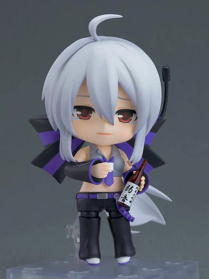 Yowane Haku Nendoroid figure featuring silver hair, purple-and-black outfit, interchangeable face plates, and signature sake bottle accessory