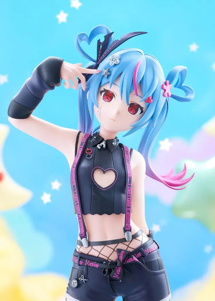 Hatsune Miku DecoMiku Darkness L Size figure with blue and pink twin-tails, a black heart-cutout top, dark shorts, fishnets, and pink-laced boots.