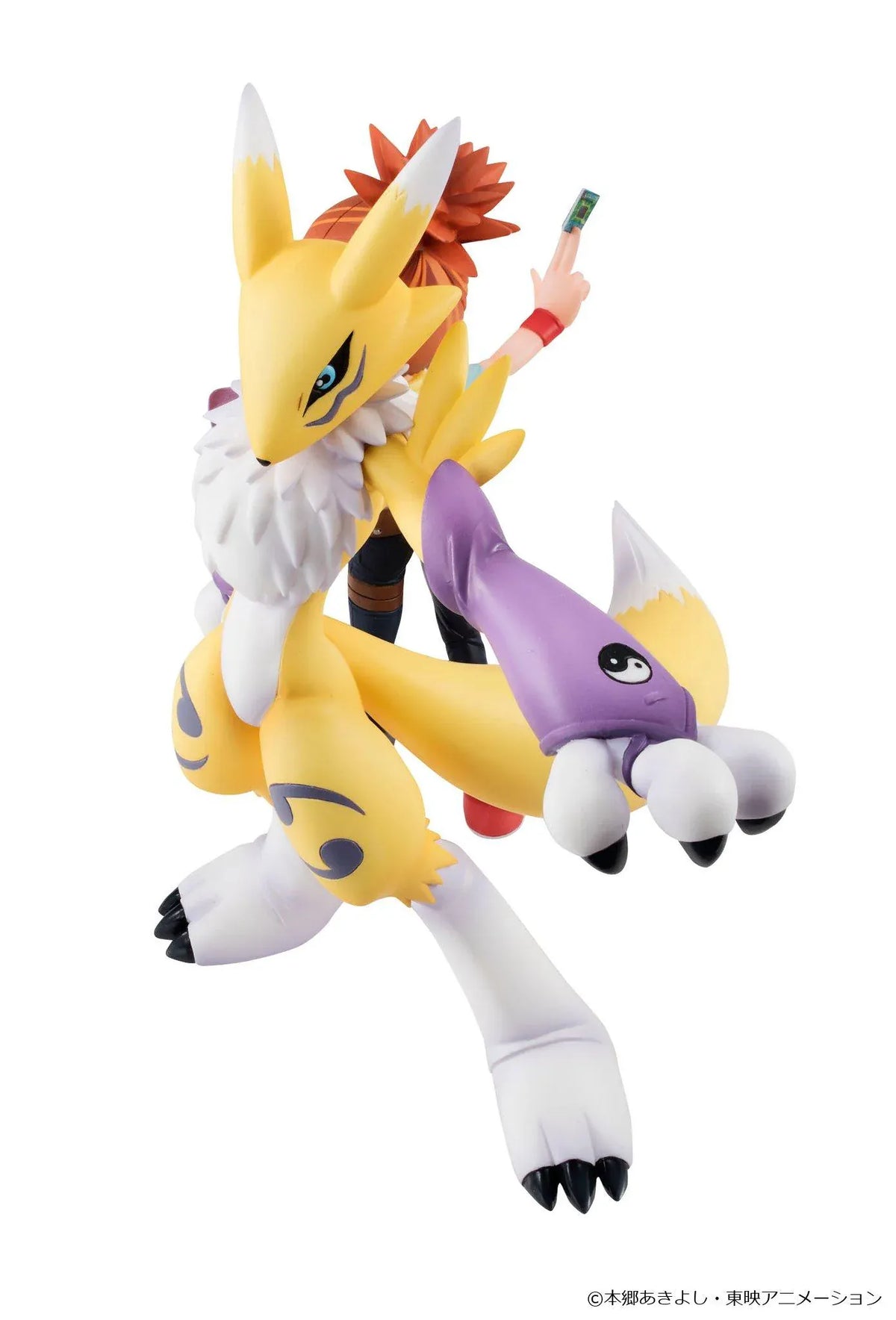 Digimon Tamers G.E.M. Series Renamon and Rika Nonaka figures, with Rika raising a green card beside yellow Renamon wearing purple yin-yang arm guards.