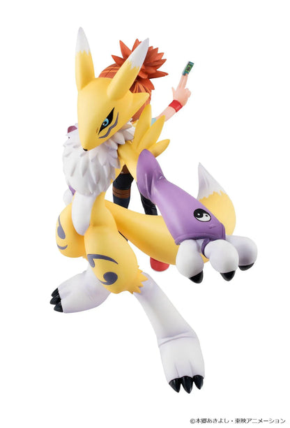 Digimon Tamers G.E.M. Series Renamon and Rika Nonaka figures, with Rika raising a green card beside yellow Renamon wearing purple yin-yang arm guards.
