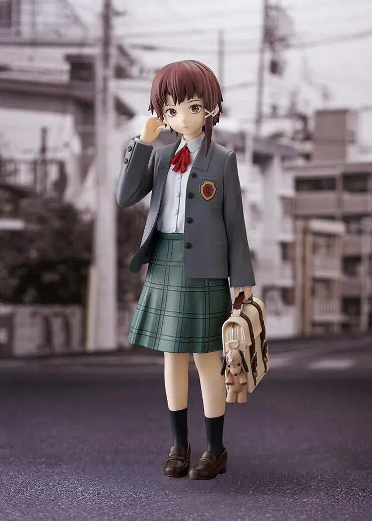 Lain Iwakura POP UP PARADE L Size figure in a gray blazer and green plaid skirt, holding a cream-colored school bag with a dog charm.