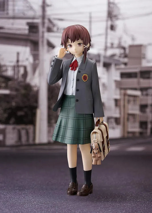 Lain Iwakura POP UP PARADE L Size figure in a gray blazer and green plaid skirt, holding a cream-colored school bag with a dog charm.