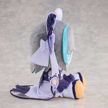 Azur Lane Cheshire Punipuni plushie with gray and teal hair, cat ears, embroidered eyes, and navy outfit sitting pose