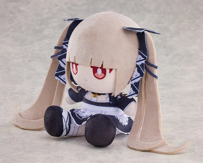 Azur Lane Formidable Punipuni plushie with long blonde twin tails, red embroidered eyes, and navy outfit in seated pose