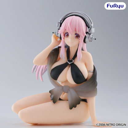 Super Sonico Swimsuit Black Color Ver Noodle Stopper figure with pink hair and headphones in seated pose