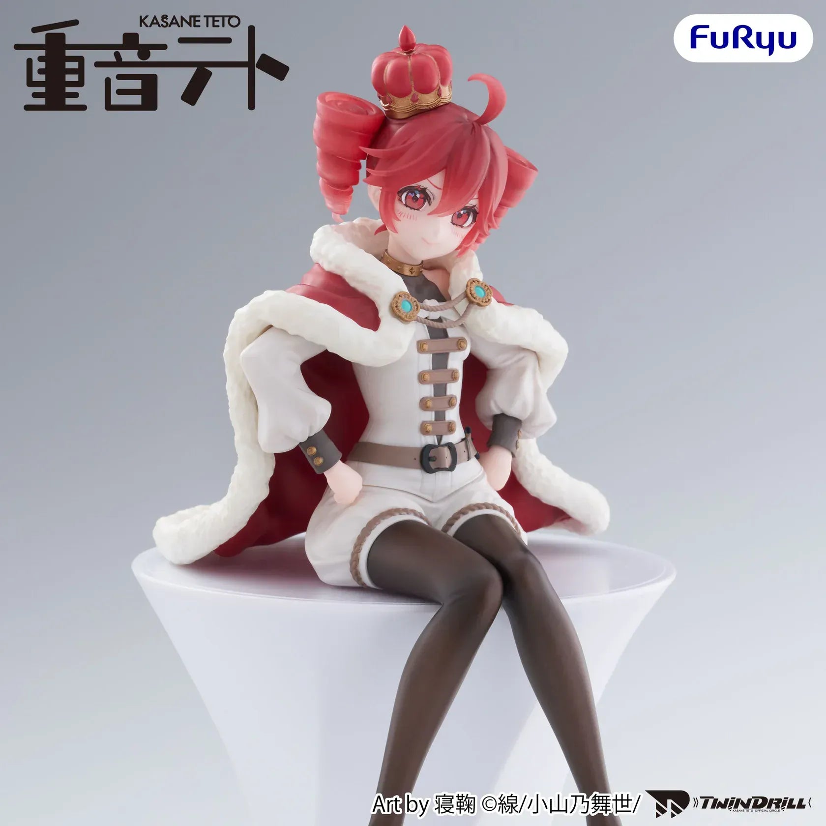 UTAU Kasane Teto King Ver Noodle Stopper figure with crown, red cape, and seated pose