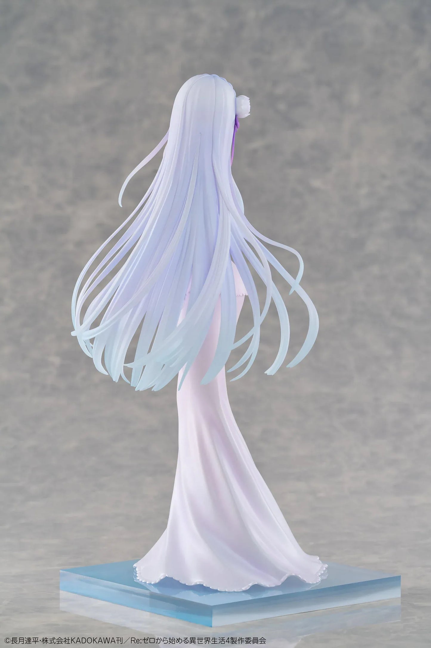 Re Zero Emilia Wedding Dress Ver. 1/7 Scale Figure wearing an elegant flowing white bridal gown with silver hair and floral accessories