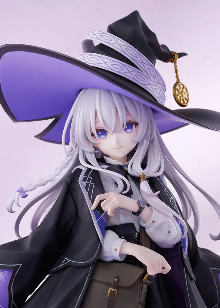 Wandering Witch The Journey of Elaina Elaina 1/7 Scale Figure with silver hair, black and purple witch outfit, wide hat, cloak, and travel bag