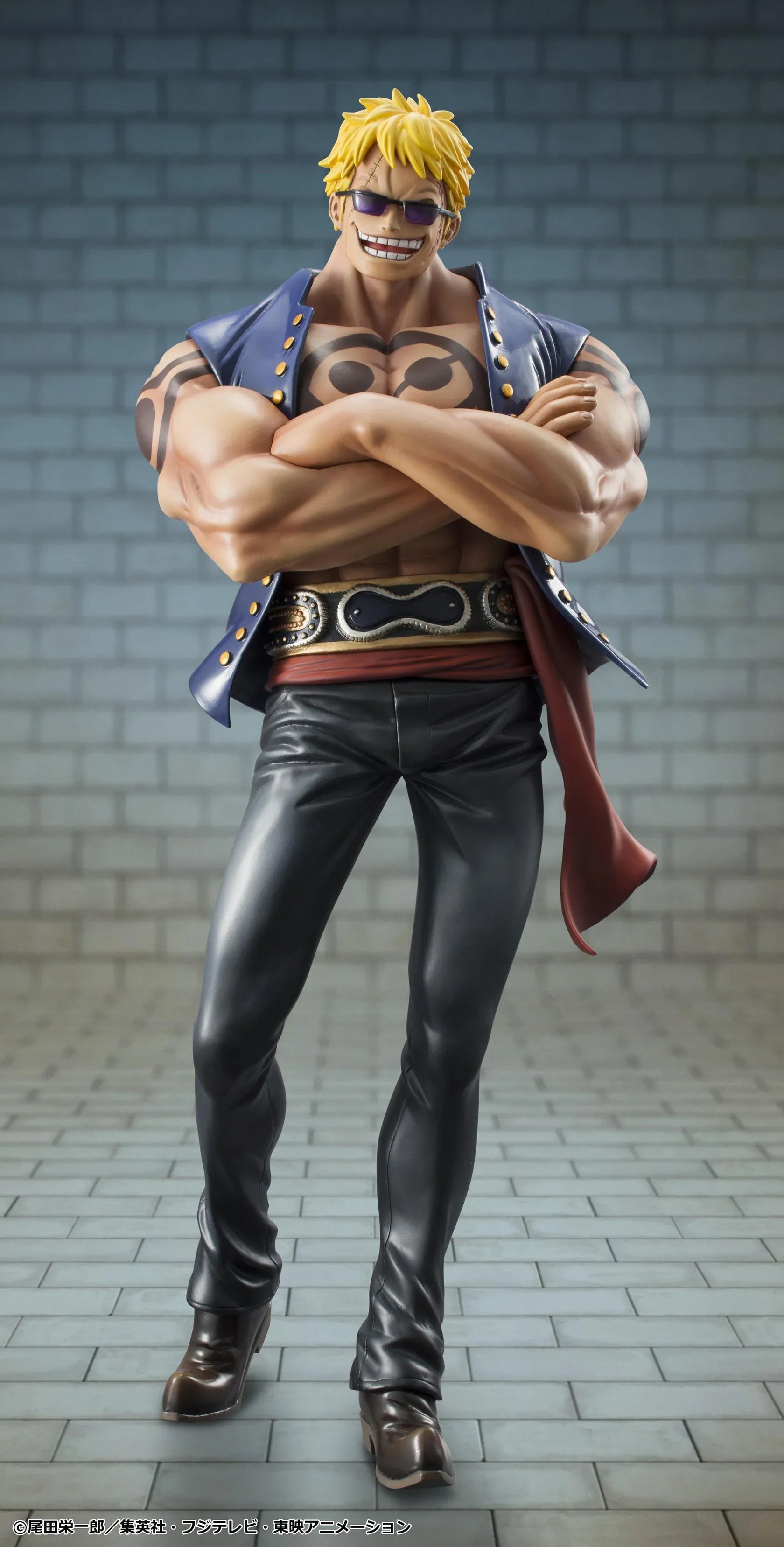 One Piece Portrait of Pirates Bellamy the Hyena Sailing Again Rerelease figure with blonde hair, blue vest, chest tattoo, black pants, and fierce pose