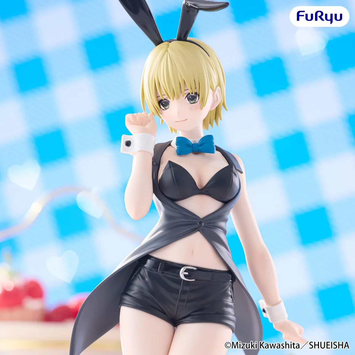 Strawberry 100% BiCute Bunnies Tsukasa Nishino figure wearing a black bunny outfit, blue bow tie, and fishnet stockings.