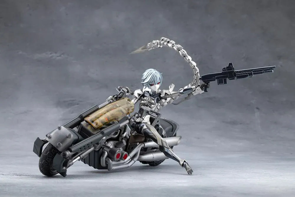 Megalomaria Unlimited Universe Wreckage Hunter model kit with white mechanical armor, a large rifle, weapon tail, and futuristic motorcycle.