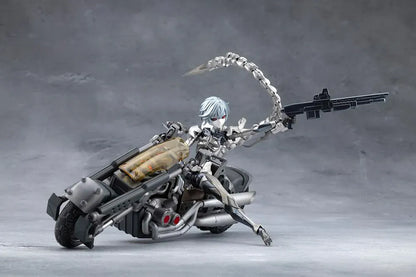 Megalomaria Unlimited Universe Wreckage Hunter model kit with white mechanical armor, a large rifle, weapon tail, and futuristic motorcycle.