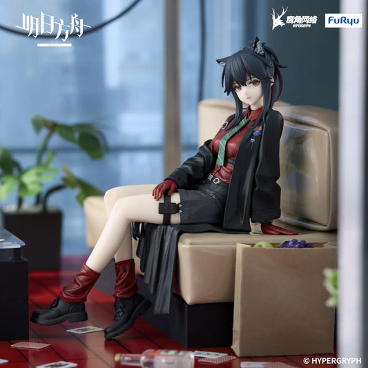 Arknights Texas Will Ver Noodle Stopper Figure featuring Texas seated in a red shirt, green tie, black skirt, oversized jacket, and red boots