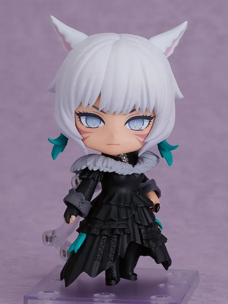 Final Fantasy XIV Nendoroid Y'shtola Figure featuring Y'shtola in a chibi-style design with white hair, cat-like ears, black outfit, and ornate staff accessory.