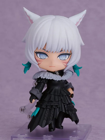Final Fantasy XIV Nendoroid Y'shtola Figure featuring Y'shtola in a chibi-style design with white hair, cat-like ears, black outfit, and ornate staff accessory.