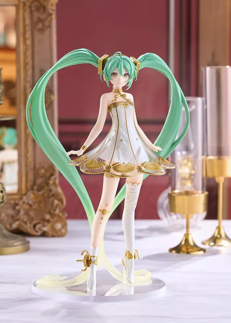 Hatsune Miku POP UP PARADE Symphony 2020 Ver. L Size Figure featuring long turquoise twin-tails, green eyes, an elegant white dress with gold detailing, decorative stockings, and matching gold accessories.