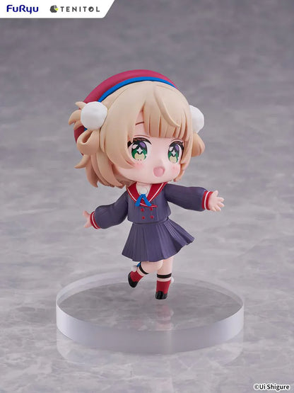Ui Shigure Tenitol Mini Ui Shigure Figure with blonde hair, green eyes, earmuffs, school uniform outfit, cheerful pose, and round display base