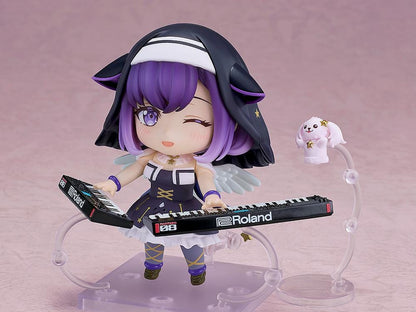 BanG Dream! Nendoroid Miyako Fuji figure with purple hair, a black hood, gold star details, white wings, and a pink character companion.