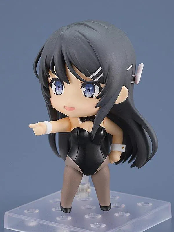 Rascal Does Not Dream of Bunny Girl Senpai Nendoroid Mai Sakurajima Bunny Girl Ver. (Rerelease) featuring a black-haired anime girl with blue eyes wearing a black bunny suit, bunny ears, sheer tights, white wrist cuffs, and a black bow tie.