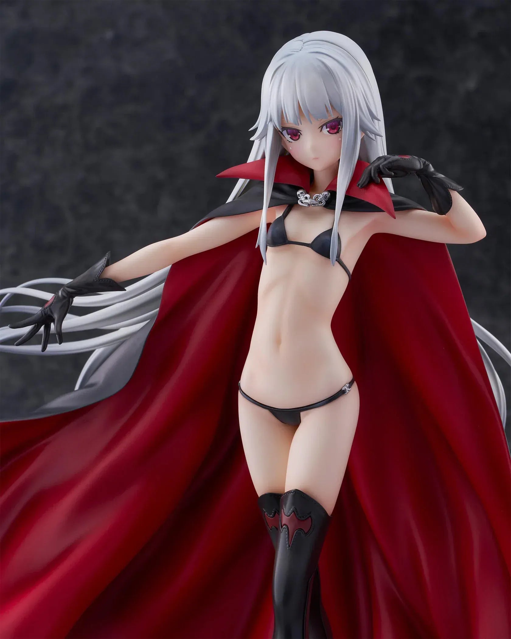 Kirie Kagarino 1/6 scale figure from Bishoujo Mangekyou featuring flowing red cape, black outfit, and silver hair on display base