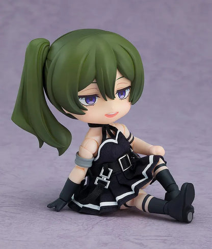 Frieren Beyond Journey's End Nendoroid Doll Übel with green hair, purple eyes, a black fabric dress with white trim, buckled belt, and black boots.