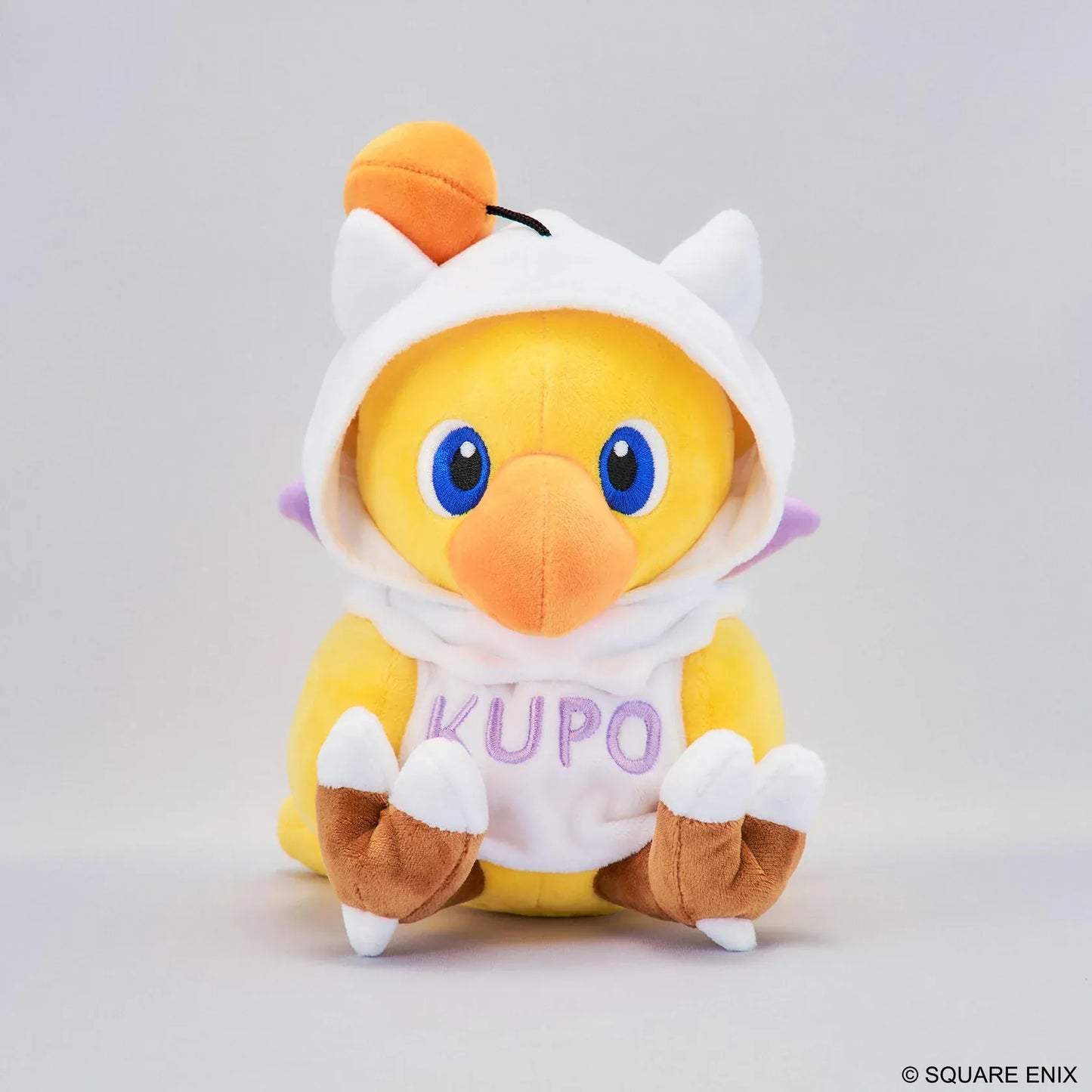 Final Fantasy Chocobo Moogle Hoodie Ver. Plush with yellow Chocobo, white Moogle hoodie, KUPO lettering, pom-pom detail, and seated plush design