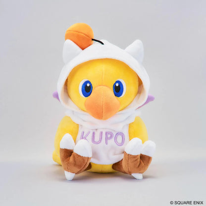 Final Fantasy Chocobo Moogle Hoodie Ver. Plush with yellow Chocobo, white Moogle hoodie, KUPO lettering, pom-pom detail, and seated plush design