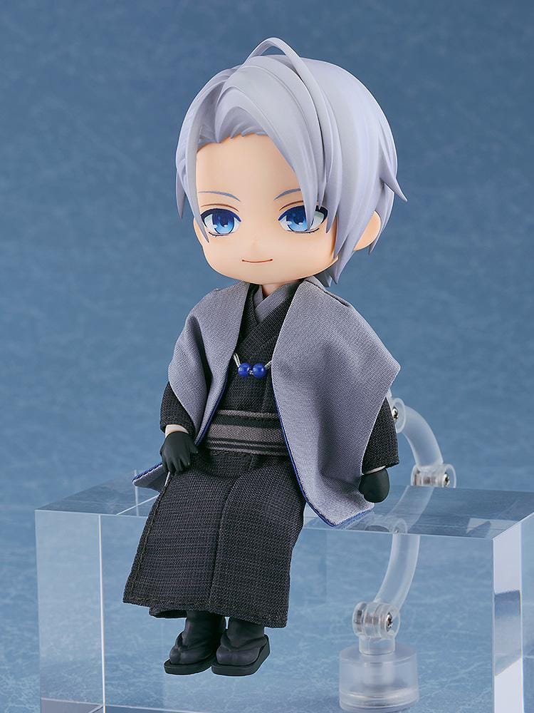 Nendoroid Doll of Yamanbagiri Chougi from Touken Ranbu Online wearing a gray kimono and haori with blue eyes and silver hair, standing in a neutral pose.