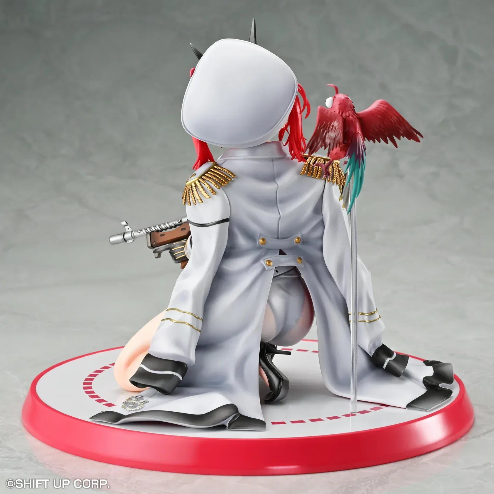 Goddess of Victory: Nikke Mast 1/7 scale figure kneeling on red-and-white base in white naval uniform with rifle and red parrot