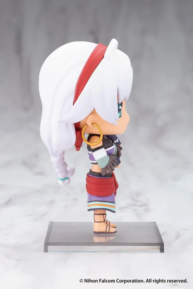 Trails in the Sky Oshi Works Mini Scherazard Harvey figure with white hair, turquoise eyes, gold-colored hoop earrings, purple outfit, and red sash.