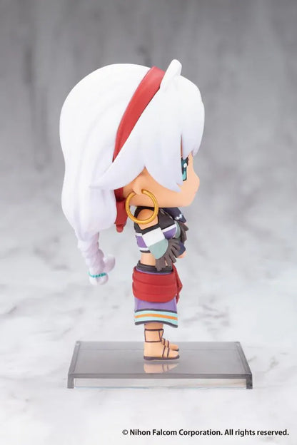 Trails in the Sky Oshi Works Mini Scherazard Harvey figure with white hair, turquoise eyes, gold-colored hoop earrings, purple outfit, and red sash.