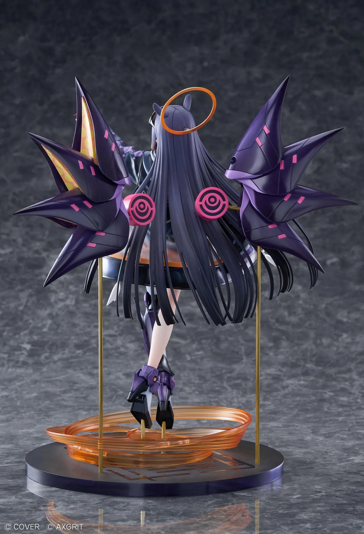Ninomae Ina’nis AXGRIT Ver. figure with flowing dark hair, an oversized jacket, armored boots, purple mechanical elements, and orange rings above a circular base.