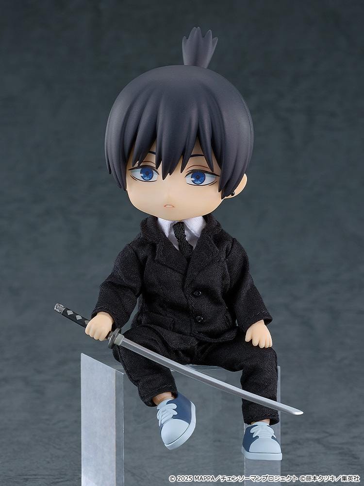 Chainsaw Man The Movie Reze Arc Nendoroid Doll Aki Hayakawa wearing a black suit and holding a sword with sheath