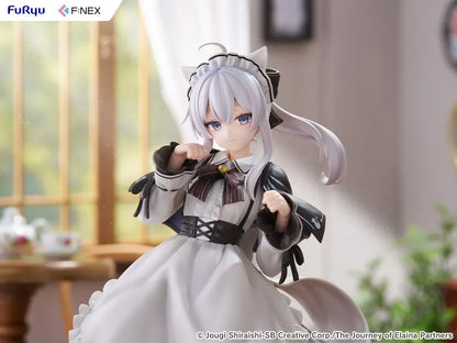 Elaina maid costume with cat ears scale figure from Wandering Witch, standing in a pawing pose with frilled monochrome dress and flowing twin-tail hair.