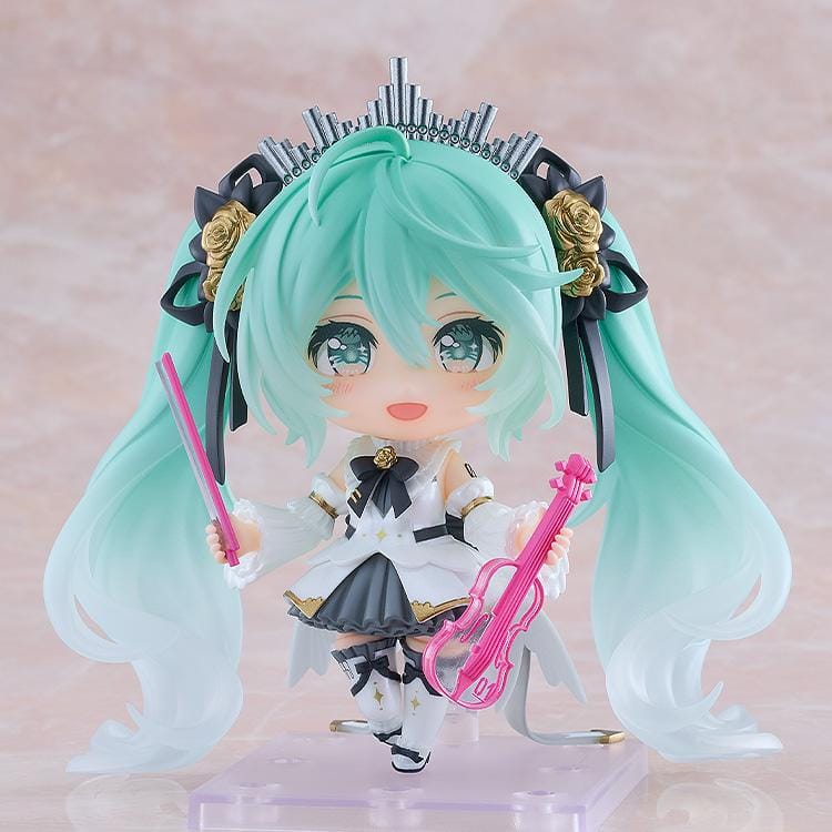 Hatsune Miku Nendoroid Hatsune Miku Symphony 10th Anniversary Ver. Figure featuring Miku with teal twin tails, white and black concert outfit, gold rose accents, and symphony-inspired details.