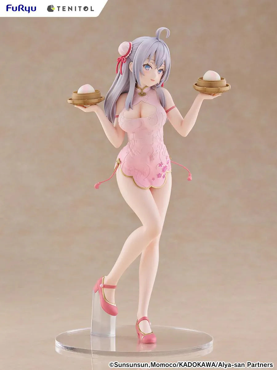 Alya Sometimes Hides Her Feelings in Russian TENITOL TALL Alya Cheongsam ver. Figure featuring Alya with long silver hair, pink cheongsam outfit, steamed bun accessories, and pink shoes.
