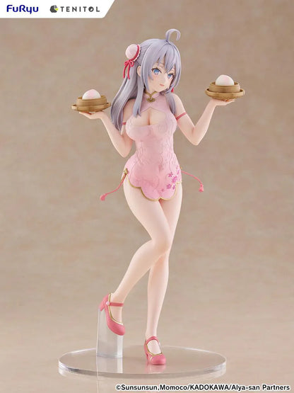 Alya Sometimes Hides Her Feelings in Russian TENITOL TALL Alya Cheongsam ver. Figure featuring Alya with long silver hair, pink cheongsam outfit, steamed bun accessories, and pink shoes.