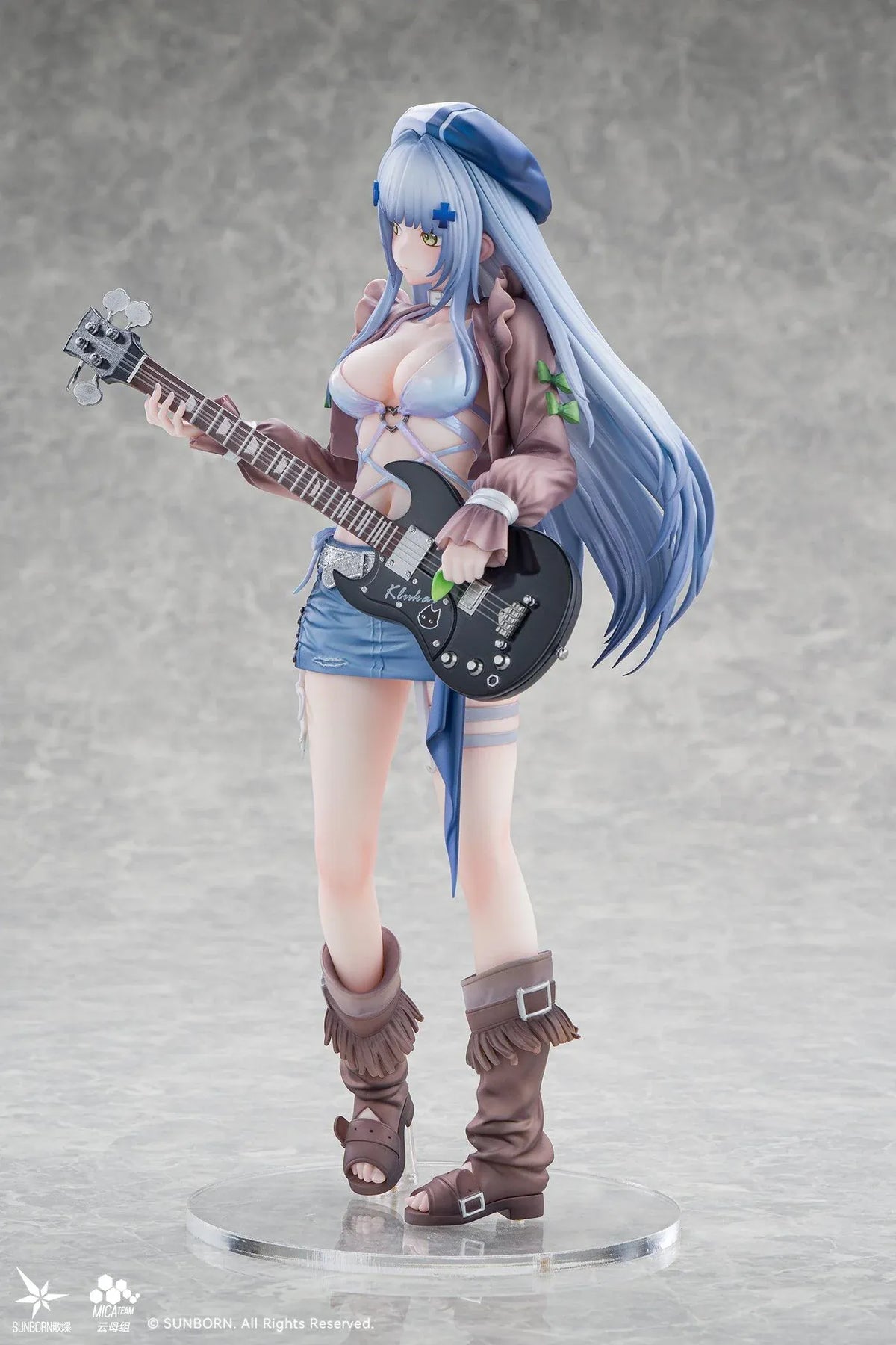 Girls' Frontline Klukai 10th Anniversary 1/6 scale figure with pale blue hair, a beret, brown jacket, blue skirt, and black bass guitar.