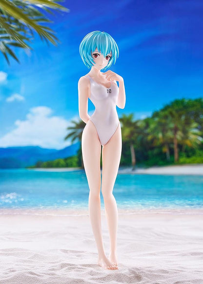 Rebuild of Evangelion POP UP PARADE BEACH QUEENS Rei Ayanami One-Piece Style L Size Figure featuring Rei with short blue hair, red eyes, and a white one-piece swimsuit.