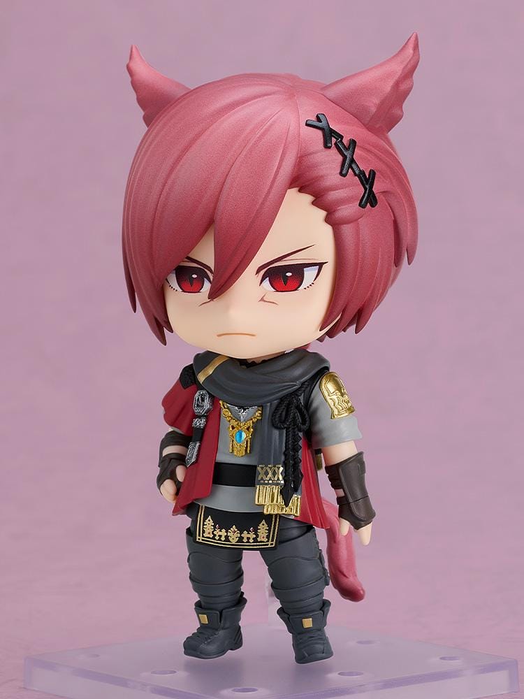 Final Fantasy XIV Nendoroid G'raha Tia Figure with red hair, cat ears, tail, cape, and staff weapon accessory