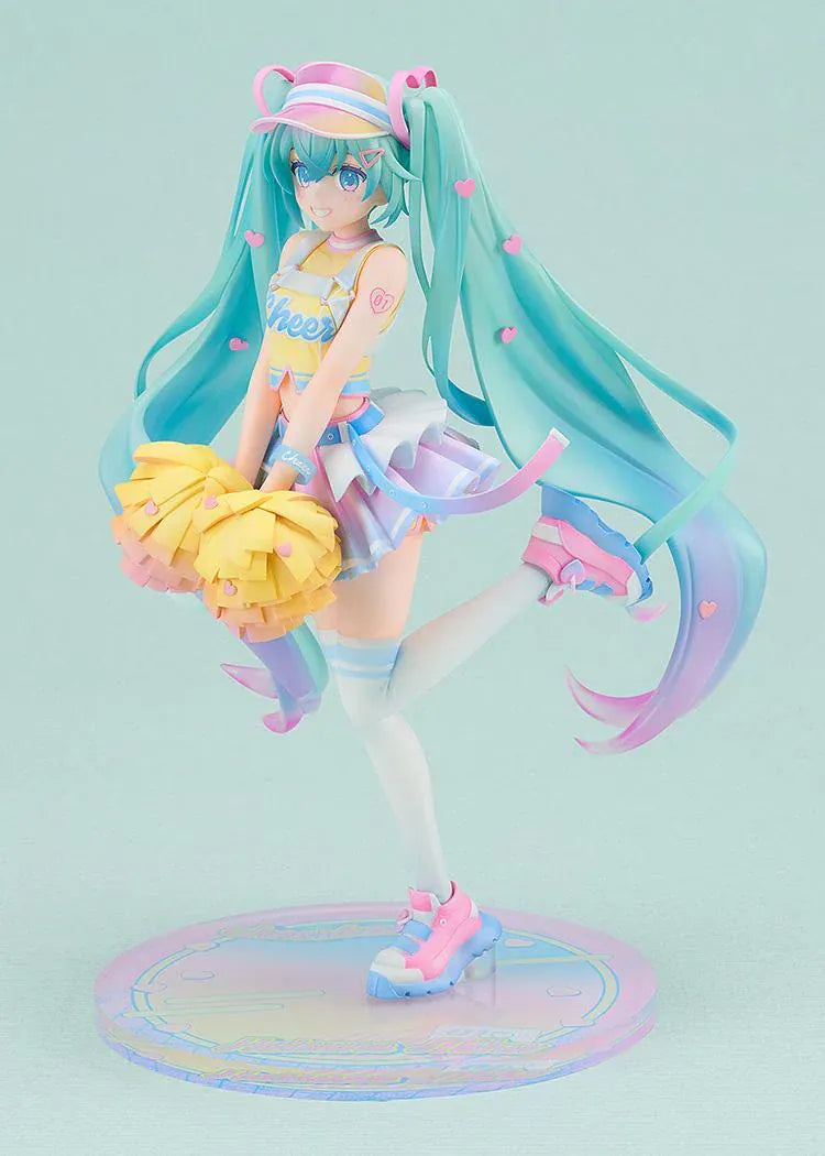 Hatsune Miku Cheerleading Ver. 1/7 scale figure holding yellow pom-poms, with turquoise twin-tails, a pastel outfit, and one leg lifted.