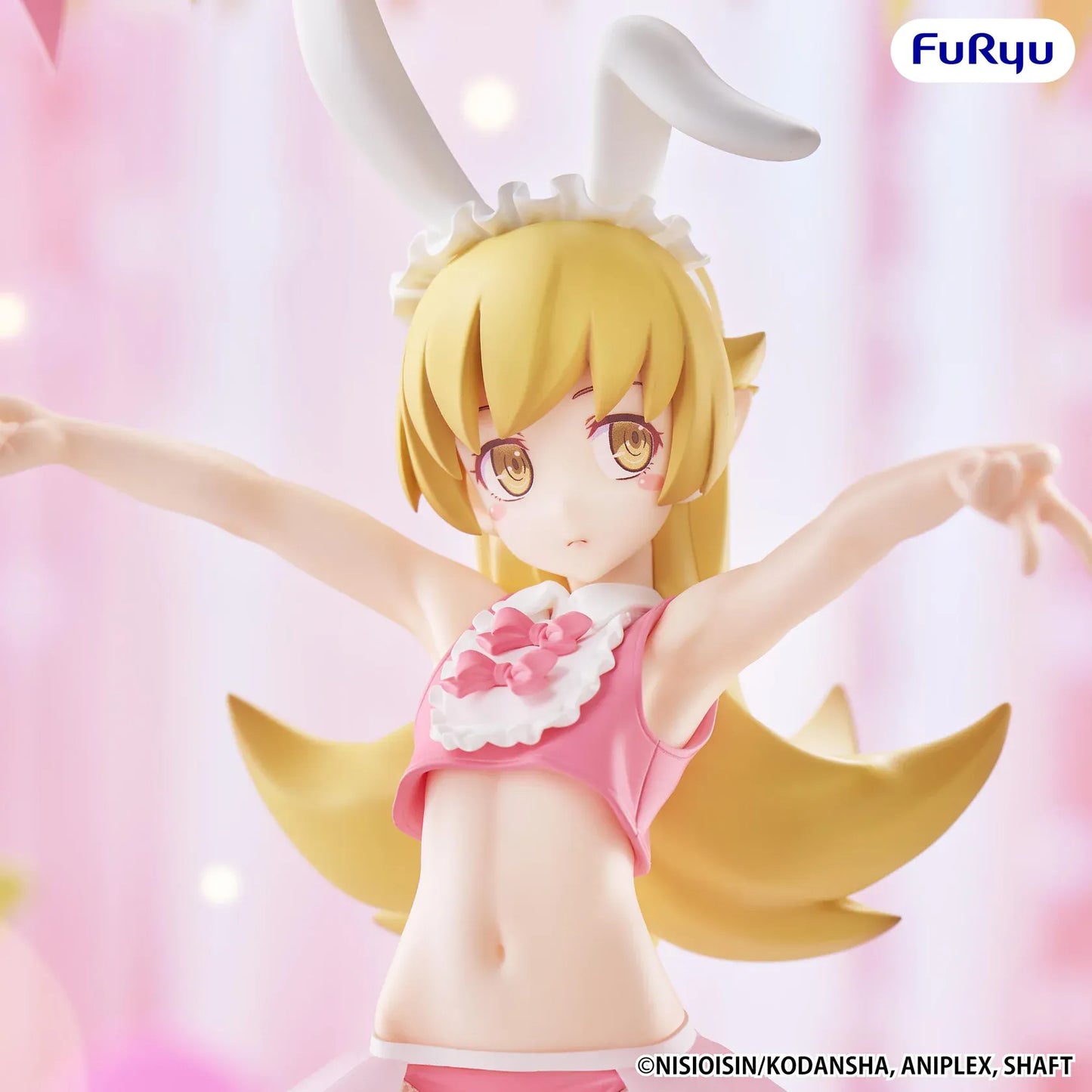 Monogatari BiCute Bunnies Shinobu Oshino Figure wearing a pink and white bunny outfit with white fishnet tights and bunny ears