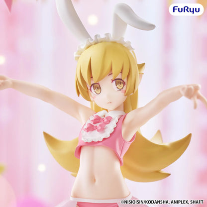 Monogatari BiCute Bunnies Shinobu Oshino Figure wearing a pink and white bunny outfit with white fishnet tights and bunny ears