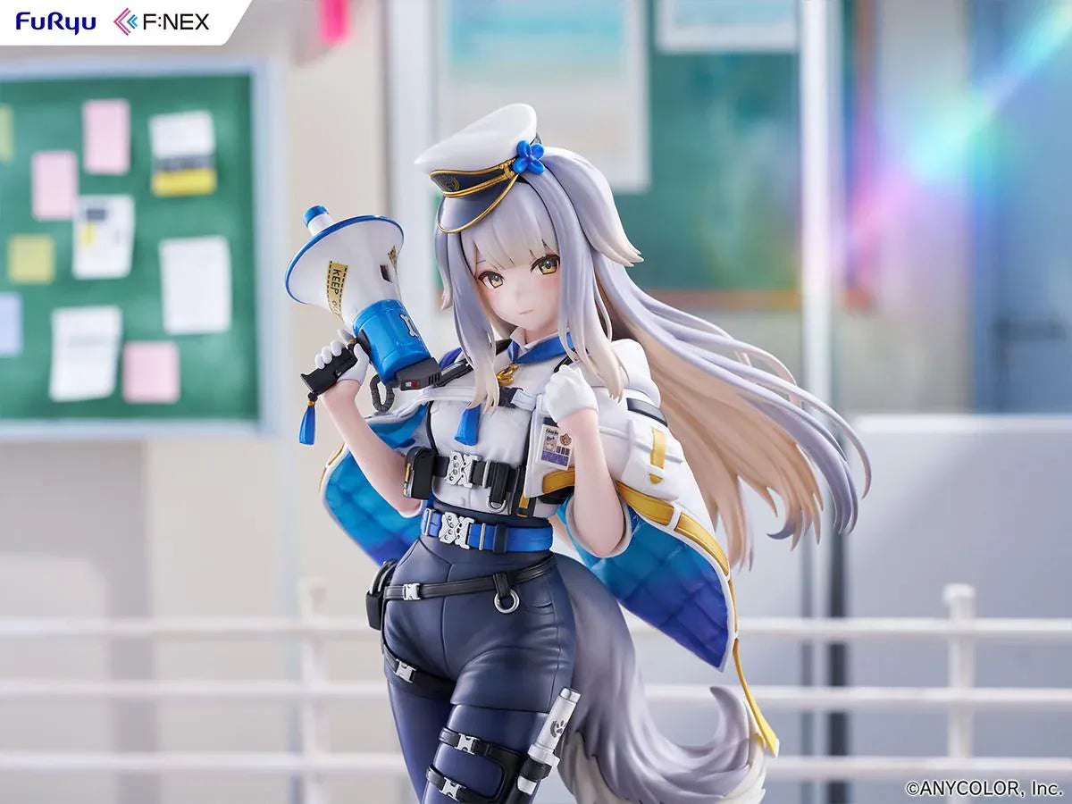 Nijisanji Ruri Shioriha 1/7 scale figure featuring megaphone accessory, silver hair, and detailed blue-and-white outfit